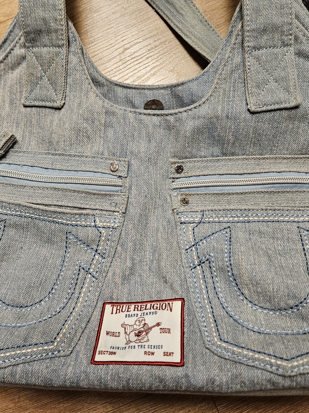 True Religion Light Wash Denim Overalls with Logo Patch